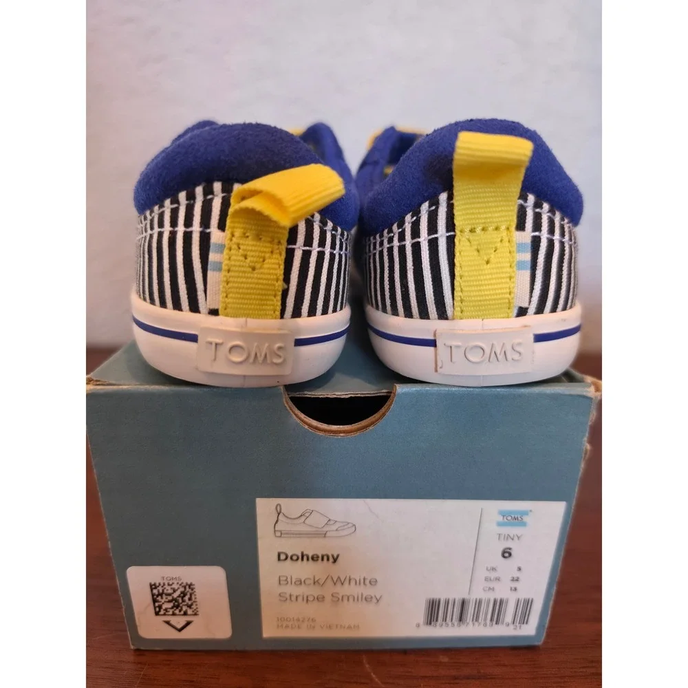 Toms Doheny Tiny 6 Kids Shoes Black White Stripe Smiley Blue Yellow 10014276